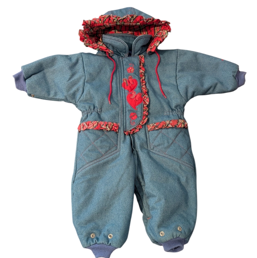 Vintage Infant London Fog Baby Fog Blue Denim Plaid Quilted Snow Suit 18‎ Months